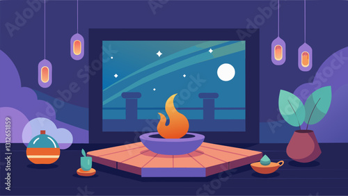Tranquil music plays in the background as the peaceful aroma of sandalwood fills the meditation room.. Vector illustration