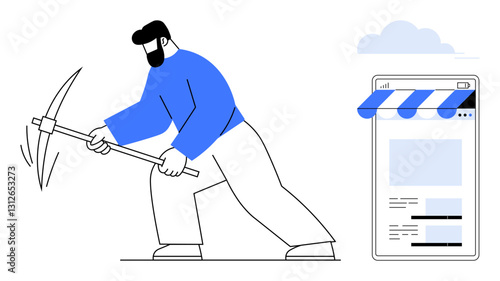 Man using pickaxe symbolizing effort, digital growth, mining resources beside online store interface. Ideal for business, e-commerce, digital marketing, innovation, entrepreneurship, technology flat