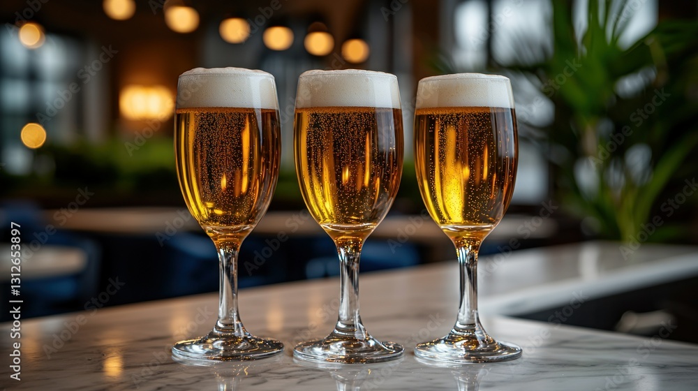Three glasses of beer stand on a bar top with an interior background Three glasses of beer stand on a bar top with an interior background