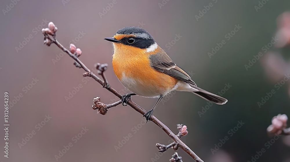 Small Orange And Black Bird Perched On A Branch With Flower Buds