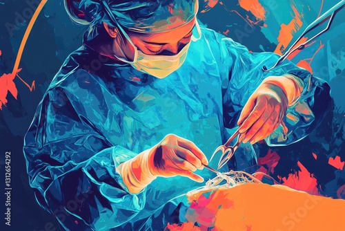 A surgeon's focused hands perform delicate surgery, vibrant colors capture the intensity.