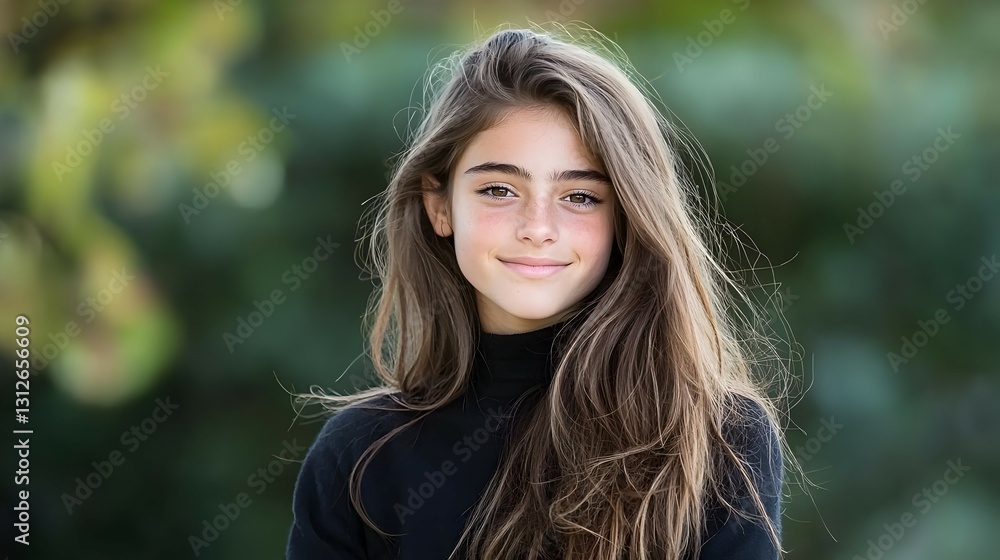 Naklejka premium Portrait Of A Teenage Girl With Long Brown Curly Hair Wearing A Black Sweater Outdoors
