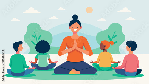 The instructor introduces the concept of selfcompassion and leads the group in a meditation focused on showing kindness and understanding towards oneself.. Vector illustration