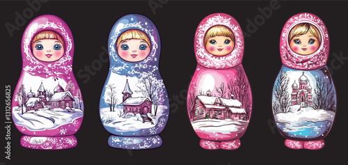russian nesting doll drawn with folklore architecture