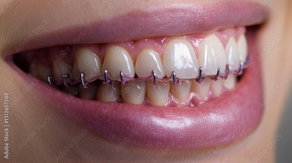 Fototapeta premium Close up of a woman's mouth with perfectly aligned teeth highlighting the benefits of orthodontic treatment