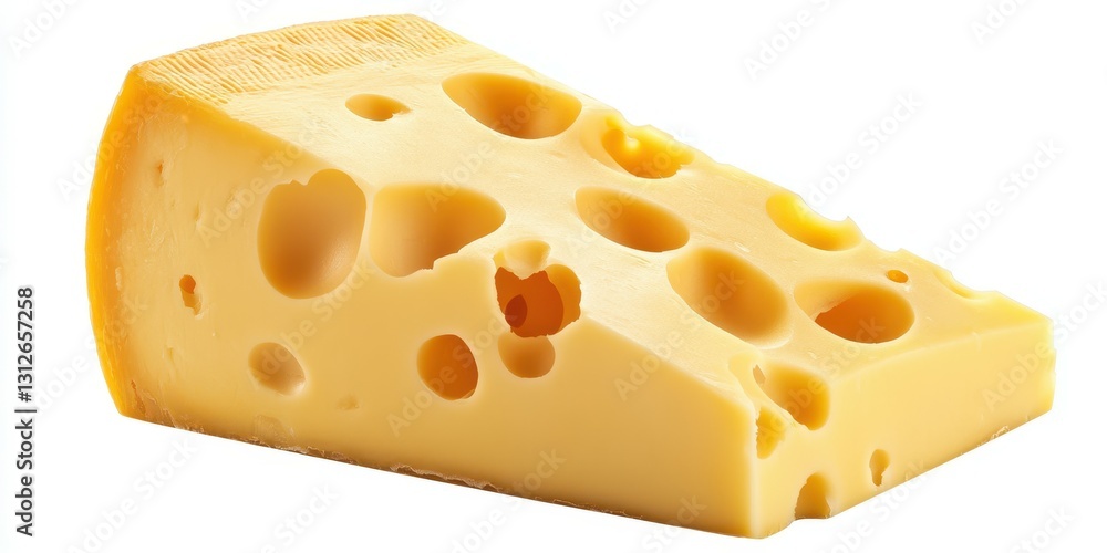 Yellow cheese with holes displayed on a white background, perfect for culinary use and snacking Yellow cheese with holes displayed on a white background, perfect for culinary use and snacking