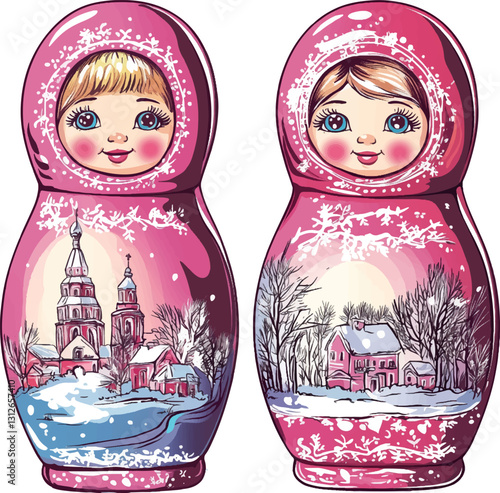 russian nesting doll drawn with folklore architecture