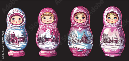 russian nesting doll drawn with folklore architecture