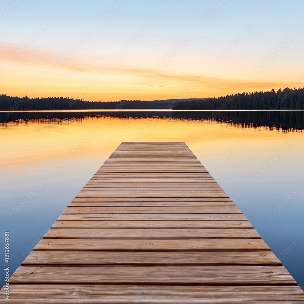 Obraz premium golden hour summer vibe, golden hour summer vibe embraces the essence of carefree summer moments, Tranquil lake at sunset with a wooden dock extending over the water.