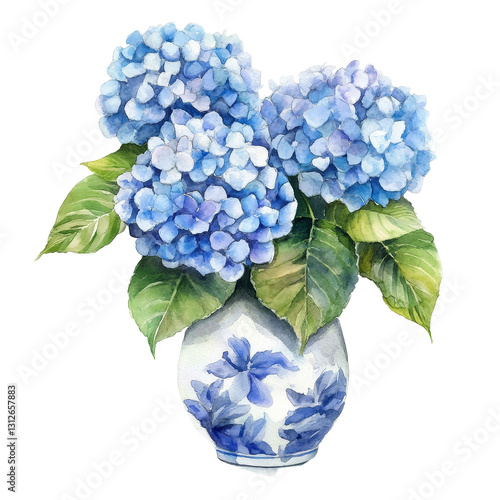 Elegant watercolor hydrangea bouquet in a decorative vase with vibrant blue flowers and lush green leaves, hydrangea flowers with vase isolated on transparent background. hydrangea flower transparent