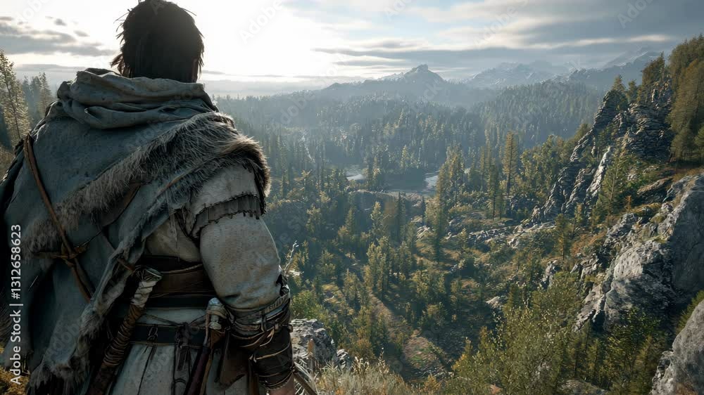 Wanderer gazes at vast mountain landscape during golden hour Wanderer gazes at vast mountain landscape during golden hour
