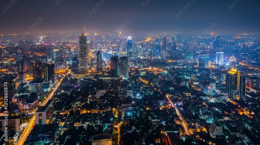 Expansive city vista with bright city lights at night Expansive city vista with bright city lights at night
