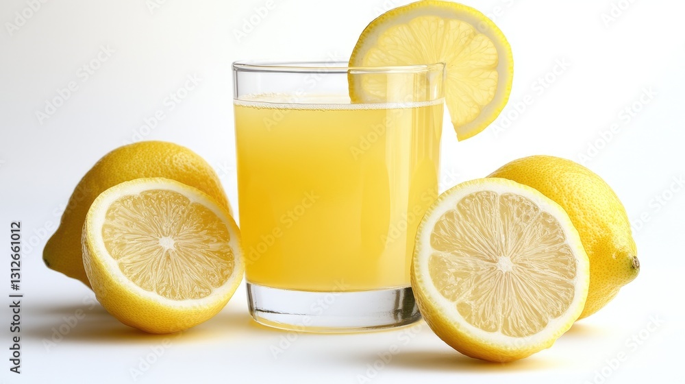 Freshly Squeezed Lemonade in Glass with Sliced Lemons on White Background Freshly Squeezed Lemonade in Glass with Sliced Lemons on White Background