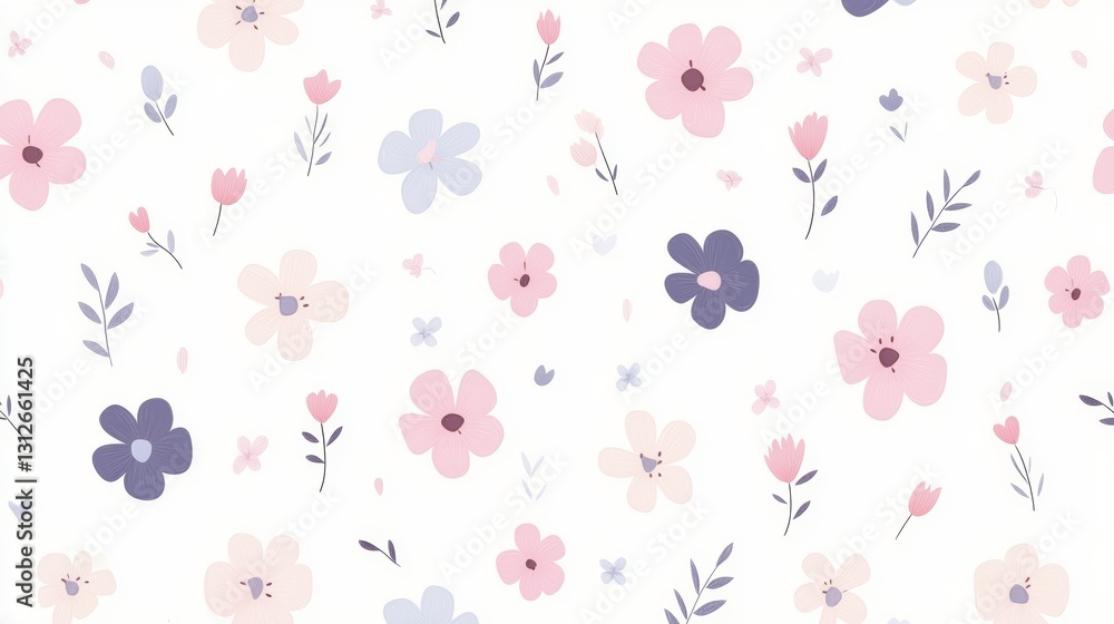Fototapeta premium Seamless pattern with cute pastel spring flowers on a white background