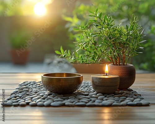 A peaceful meditation space with scented candles, Tibetan singing bowls, and a Zen garden, radiating calm and balance—ideal for advertising or content on relaxation, meditation, or mental health. photo