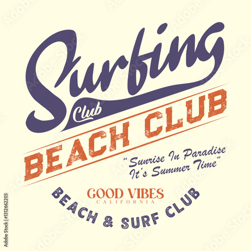 Typography college varsity, Vintage college style typography slogan, Summer beach vibes. Surfing club. Miami surf days, t shirt graphics design, Long beach print design artwork. Beach Paradise t shirt