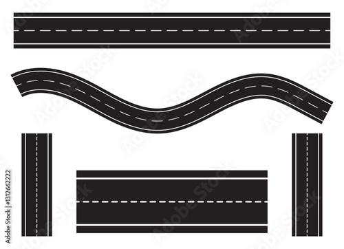Straight roads aerial top view. Empty horizontal highways with different white and yellow markings. horizontal straight seamless roads isolated on transparent background.