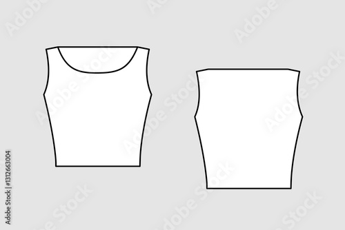 Female crop top vector template isolated on a grey background. Front and back view. Outline fashion technical sketch of clothes model.