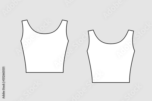 Female crop top vector template isolated on a grey background. Front and back view. Outline fashion technical sketch of clothes model.