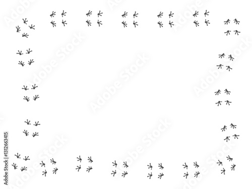 Footprints of Frog, Traces of a Reptilia on white background. Frog or anuran silhouette animal tracks. Frame of Paw Print and text space. Vector illustration. EPS10.