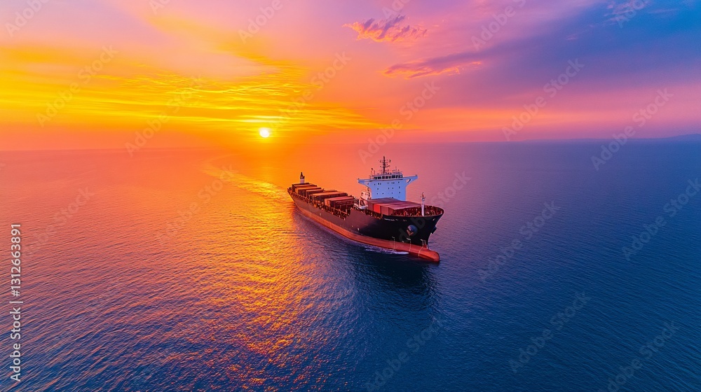 Cargo Ship Navigating the Ocean Under a Beautiful Sunset Sky Cargo Ship Navigating the Ocean Under a Beautiful Sunset Sky