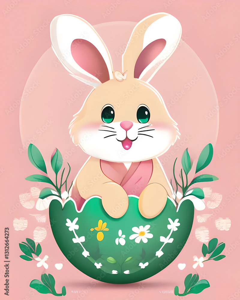 Fototapeta premium Illustration of a cute bunny near Easter eggs. The bunny is light in color with long ears. The background is filled with daisies, which creates a spring atmosphere. The color scheme is soft and pastel