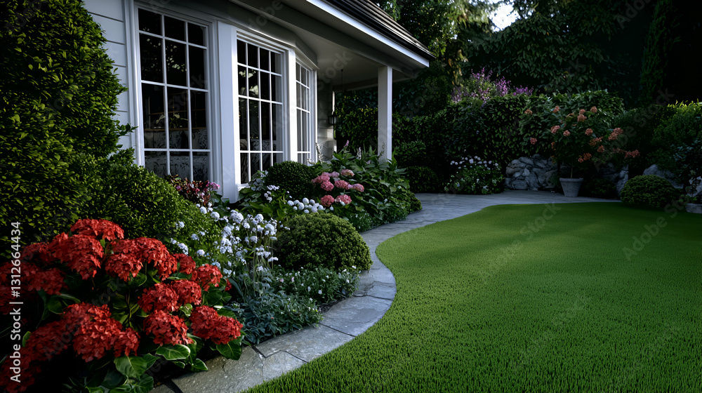 Fototapeta premium A beautiful garden features flowers a lawn and a house facade