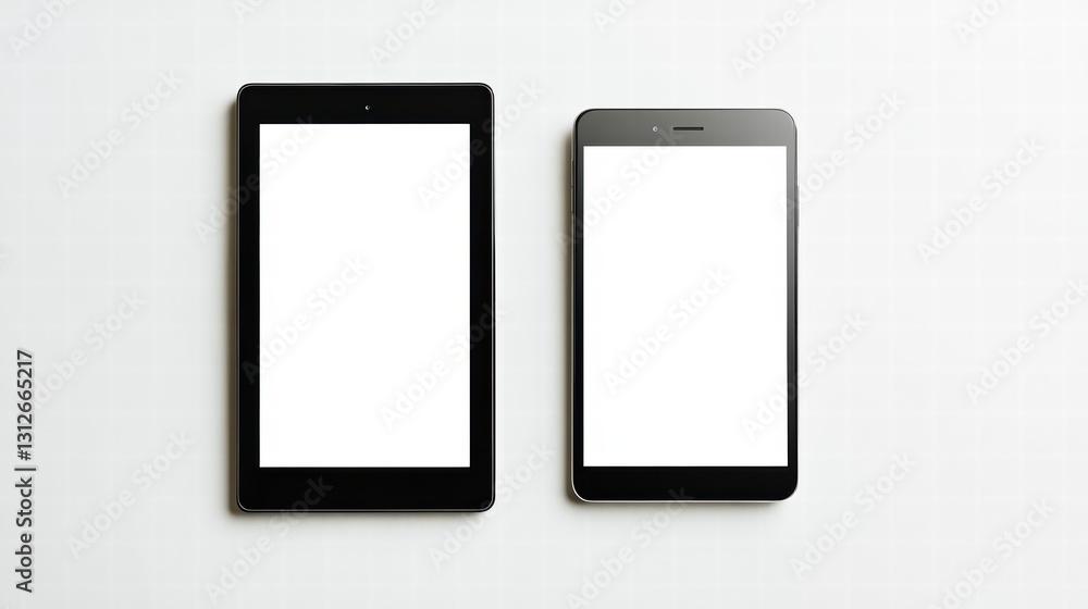 Digital Duo: Minimalist still life of a tablet and smartphone set side-by-side with blank screens, perfect for showcasing apps or designs. Digital Duo: Minimalist still life of a tablet and smartphone set side-by-side with blank screens, perfect for showcasing apps or designs.