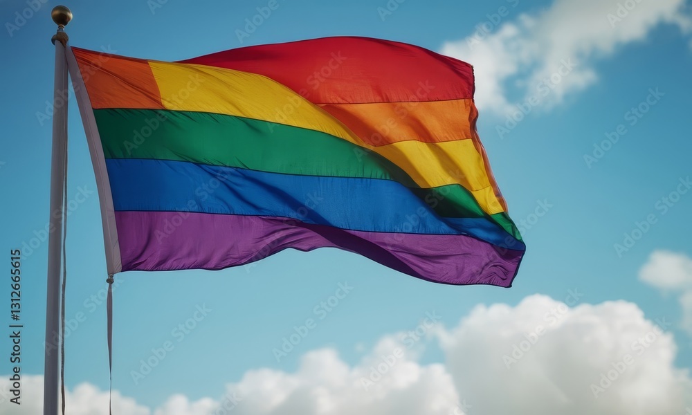Fototapeta premium Rainbow flag waving proudly in the blue sky symbolizing gay rights and acceptance, showcasing diversity and inclusion within the community
