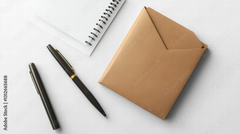 Envelop, Pens, and Notepad: A kraft paper envelop rests beside two black pens and a spiral-bound notepad on a clean surface, ready for correspondence or planning. Envelop, Pens, and Notepad: A kraft paper envelop rests beside two black pens and a spiral-bound notepad on a clean surface, ready for correspondence or planning.