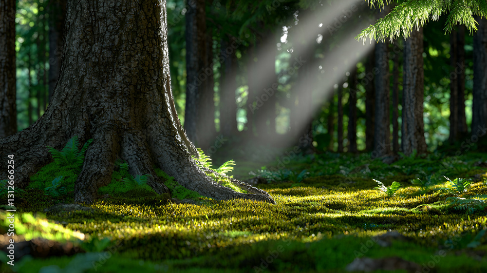 Naklejka premium Sunlight streams through the dense forest trees creating a bright ambiance