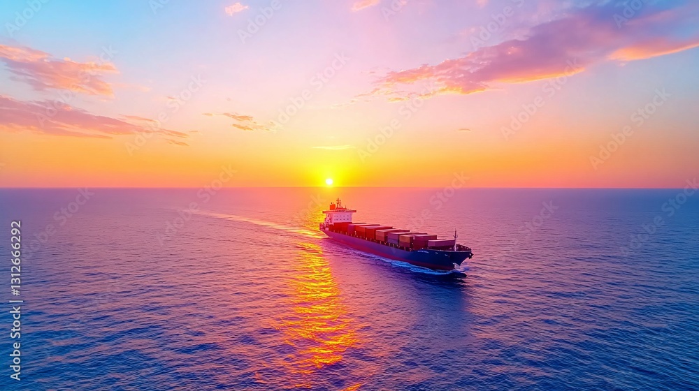 A large cargo ship sails across the ocean during sunset hour A large cargo ship sails across the ocean during sunset hour
