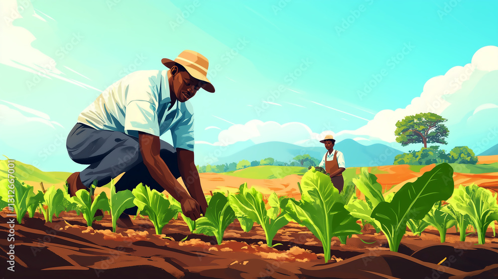 Farmers tending to healthy crops in a lush green field during bright daylight hours Farmers tending to healthy crops in a lush green field during bright daylight hours