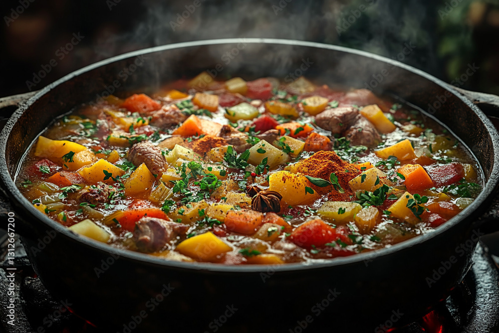 Chef Cooking broth on slow fire, vegetables, spices and meat are cooked in a pot, concept art Chef Cooking broth on slow fire, vegetables, spices and meat are cooked in a pot, concept art