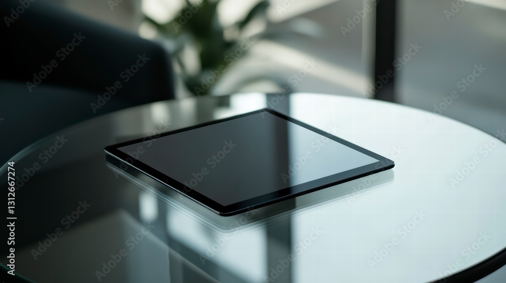 Tablet on Glass Table: A modern tablet device rests on a sleek, reflective glass table, suggesting a space for work, information, and connection Tablet on Glass Table: A modern tablet device rests on a sleek, reflective glass table, suggesting a space for work, information, and connection