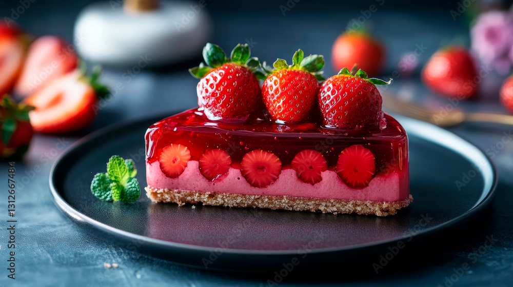A delicious cake with cream and fresh strawberries. Cake with strawberries and red jelly in studio photo. A delicious cake with cream and fresh strawberries. Cake with strawberries and red jelly in studio photo.