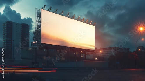City Billboard at Dusk: A massive, illuminated billboard stands tall against a dramatic, twilight cityscape, offering a canvas for impactful advertising.