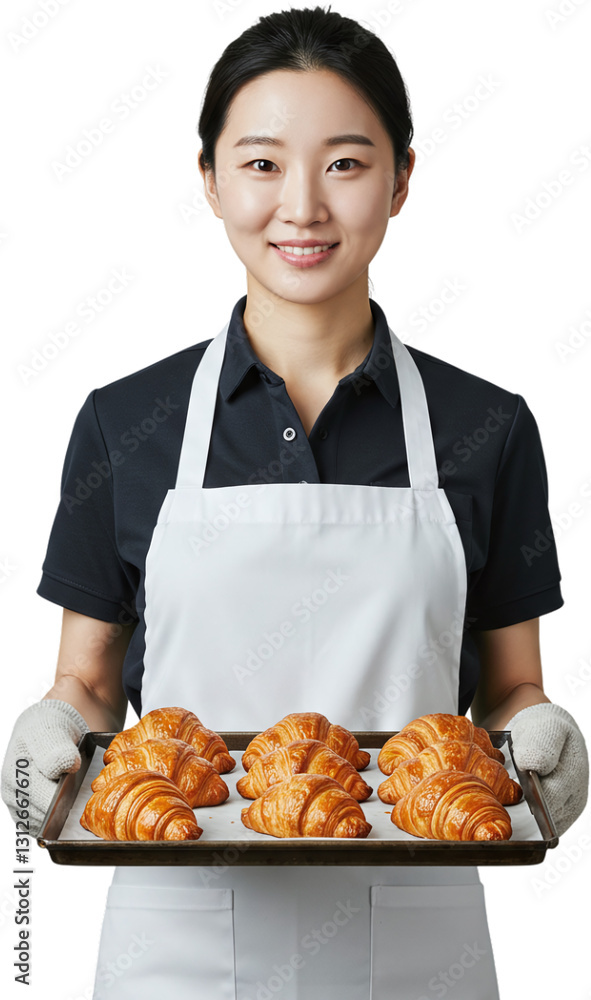 Smiling female baker holding tray of croissants Smiling female baker holding tray of croissants