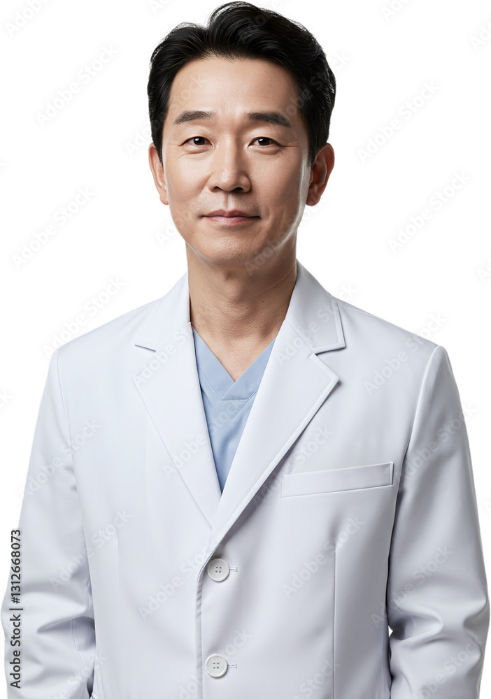 Male doctor in white coat with serious expression