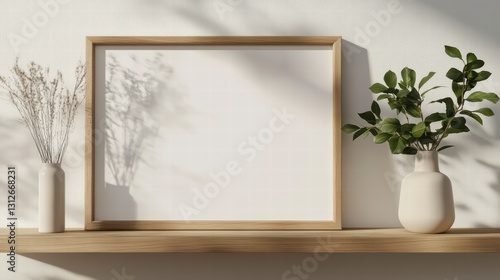 Empty Frame with Floral Decor: A minimalist composition featuring a blank picture frame, delicate dried flowers, and lush green leaves in vases, creating a serene and inviting atmosphere.