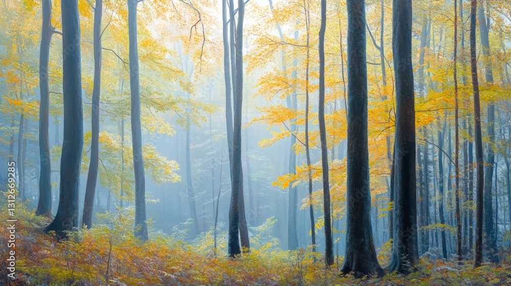 Fototapeta premium Photorealistic forest with soft morning mist, peaceful and calm, high-resolution and artistic nature photography