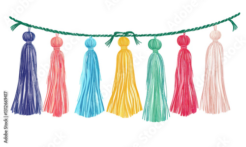 Colorful Tassel Garland with Braided Cord for Fabric and Clothing Decoration Vector Set