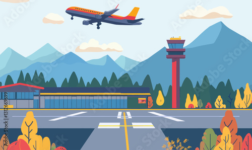 Colorful Airplane Flying Over Scenic Airport Runway with Mountain Backdrop Vector