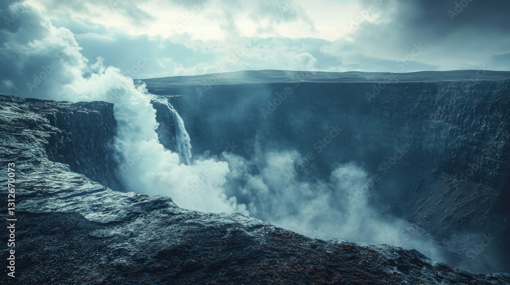 Naklejka premium Majestic waterfall plunging into misty canyon landscape