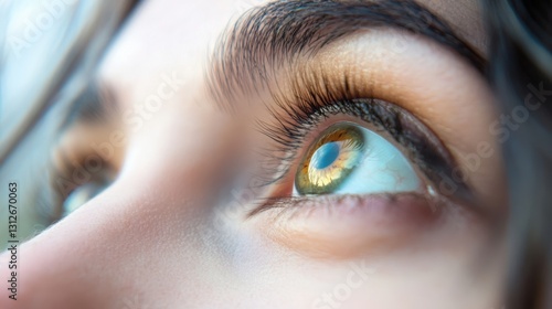 A pair of eyes radiating peace and faith, soft blurred background .