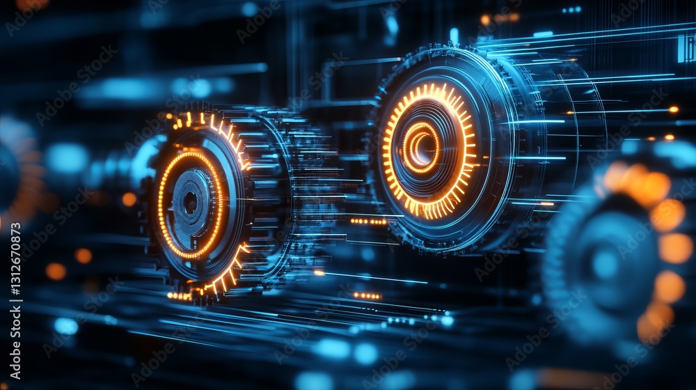 Fototapeta premium Abstract Futuristic Technology Background Digital Orange Blue Glowing Circles Rotating Gears High Tech Engineering Design Modern Innovation Powerful 