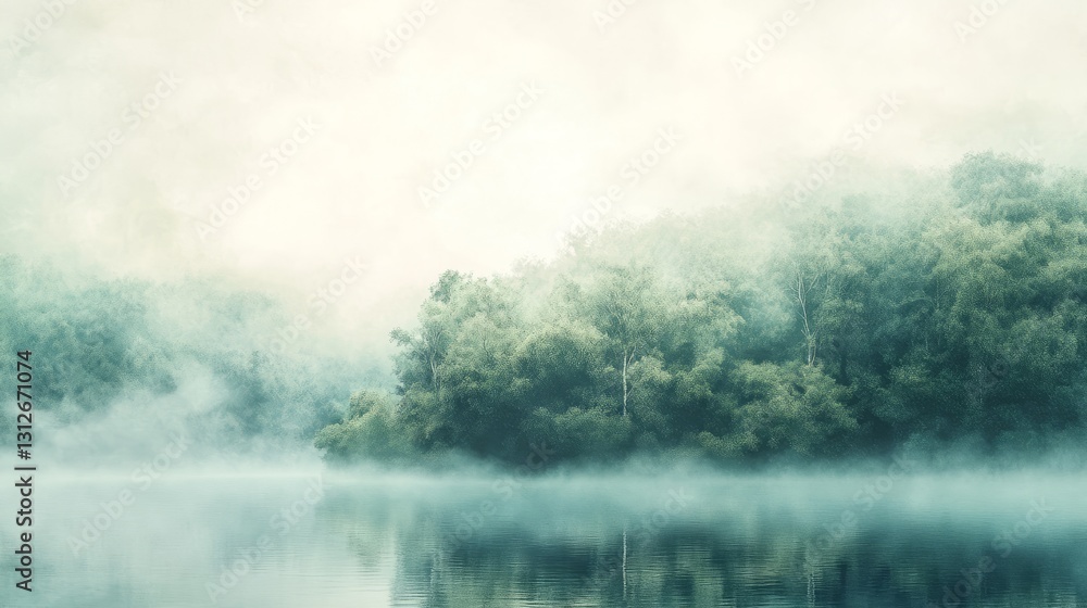 Fototapeta premium Photorealistic forest with soft morning mist, peaceful and calm, high-resolution and artistic nature photography