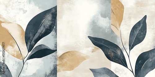 Abstract art depicting stylized leaves in muted gold and blue hues on a watercolor-like background