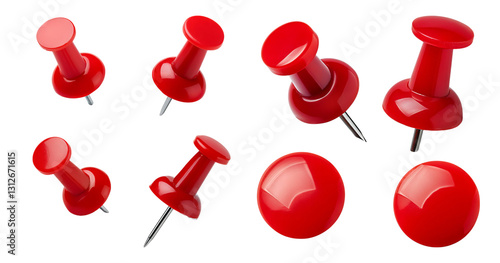 Assorted Red Push Pins in Various Sizes on White Background, isolated on transparent background
