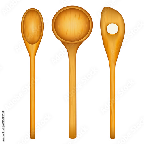 Kitchen spoons, small, wide, and slotted, three wood cooking tools for gourmet cuisine isolated on white background